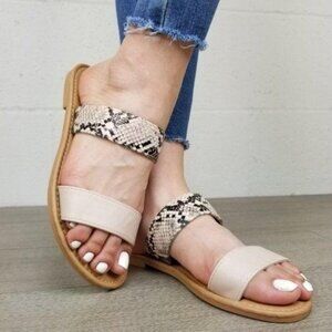 Nude Snake Print Two Strap Flat Sandal